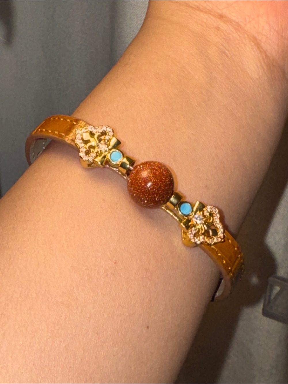 Goldstone Gemstone Leather Bracelet Brown Croc Embossed Gold Tone Crystal Accen